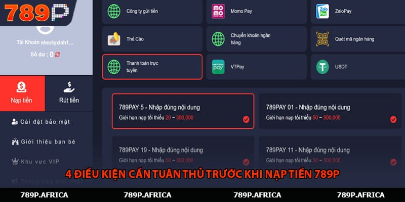 4 điều kiện cần tuân thủ trước khi nạp tiền 789P